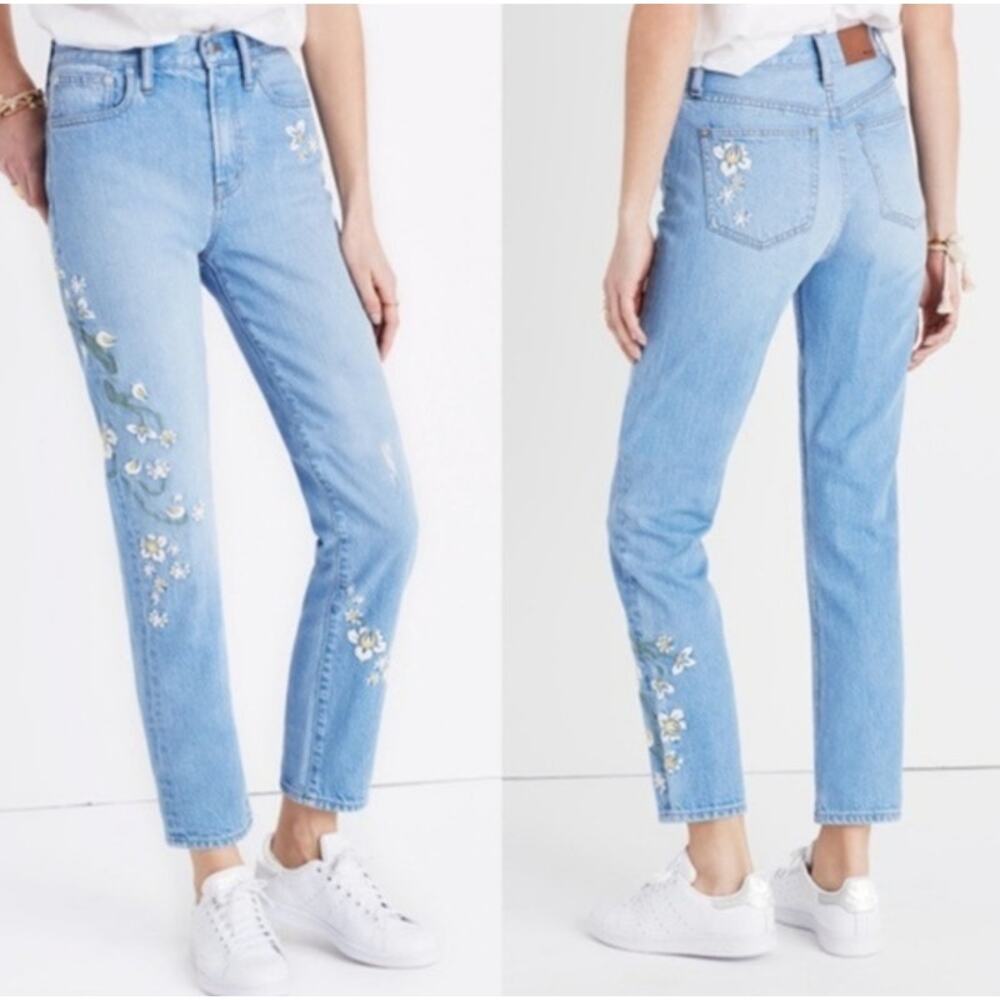 Madewell Light Blue Straight-Leg Jeans with White Floral Embroidered Accents